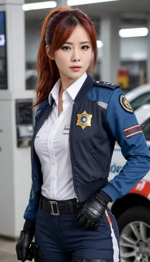 masterpiece, best quality, amazing quality, zhu yuan, black hair, orange eyes, red hair, multicolored hair, streaked hair, long hair, ponytail, ahoge, hair between eyes, mature female, blue jacket, police, policewoman, police uniform, high-waist pants with robotic guards, shoulder guards, front belt with star-shaped symbol, checkered necktie, black gloves, police badge, uniform, black shoes, wrist guards, white shirt, long sleeve, gas station, pumps, car, fuel, lights, cowboy shot, solo, looking at viewer, transparent background, simple background, white background, zhu_yuan, zhuyuan, default, clothes, Police, combat, uniforms, 1girl, multicolored, hair, black, blue, jacket, gloves, streaked, <lora:zhu_yuan_a31-xl_v1:.8>, <lora:zhuyuan-noob-Tanger-000013:1>, <lora:add-detail-xl:.5>