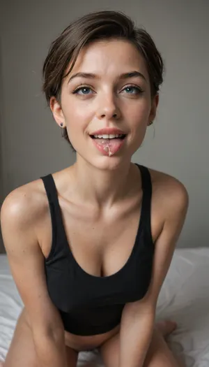 Gorgeous woman, milf, 43 years old, old tank top, on her knees, sensual blowjob, (a lot of cum on her tongue), (cum dripping out her mouth), mouth open, moaning, happy, exhausted, and sweaty, with a satisfied expression, playful smile, open mouth, sticking out tongue, fine detail, realistic skin texture, professional photography quality, gorgeous goth milf, 165cm, 50kg, dark makeup, slender and athletic build, balanced proportions, straight shoulders, lean arms, small saggy tits, defined collarbone, long neck, narrow waist, subtle curves, straight hips, long lean legs, oval face with angular bone structure, defined jawline, pointed chin, prominent cheekbones, lenticular light gray-blue eyes, slight upward tilt at outer corners, well-groomed eyebrows with subtle arch, long natural eyelashes, straight refined nose, medium-full lips with defined cupid’s bow, smooth complexion with age-appropriate skin texture, cool-to-neutral undertones, natural healthy glow, very short pixie cut with graduated textured layers, slightly tousled, side-swept asymmetrical bangs, very dark brown hair with subtle natural highlights, healthy shine, balanced posture, confident body language, black form-fitting fabric choker 1cm wide, silver stud earrings, tongue piercing, cinematic photography style, sharp focus