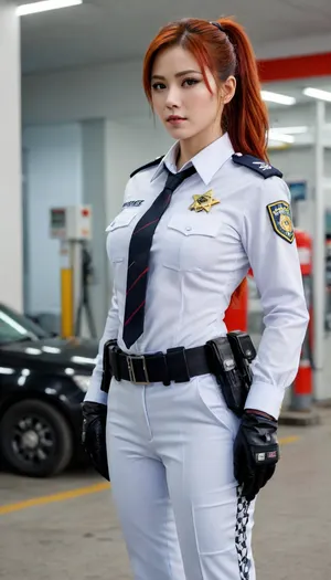 masterpiece, best quality, amazing quality, zhu yuan, black hair, orange eyes, red hair, multicolored hair, streaked hair, long hair, ponytail, ahoge, hair between eyes, mature female, blue jacket, police, policewoman, police uniform, high-waist pants with robotic guards, shoulder guards, front belt with star-shaped symbol, checkered necktie, black gloves, police badge, uniform, black shoes, wrist guards, white shirt, long sleeve, gas station, pumps, car, fuel, lights, cowboy shot, solo, looking at viewer, transparent background, simple background, white background, <lora:add-detail-xl:.8>