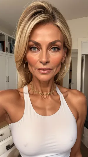 A 3/4 body picture of a woman, sharp chiseled northern european facial features of a beautiful mature 55 years old former supermodel woman with white-blonde hair which has a deep contrast to her very dark skin, her skin is ultraheavy dark spraytanned like a european with tons of spraytan every day, very sexy and tight white top in a one-shoulder design, expensive jewelry and modern mechanical sports wristwatch mid-century, modern, house, <lora:skin_tone_slider_v1:2>