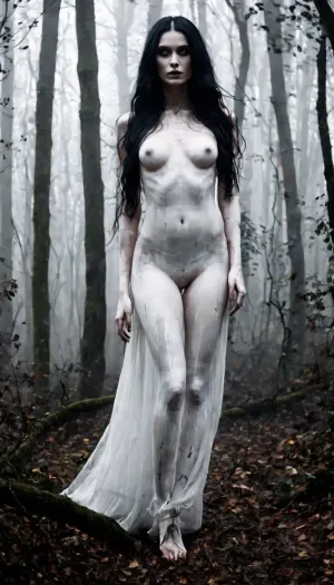 High contrast, supernatural ghost girl, alternative, goth, black very very long hair, slender figure, wide hips, shadow figure, (skin painted white:1.7), seductive, imposing, mascara, mysterious presence, haunting presence, stunning long legs, ghost girl, barefoot, ethereal, walking through a misty wooded area at dawn