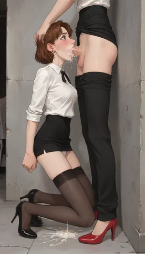 Skinny girl staying on her knees in front of her futanari mistress put dick in her mouth and cum in her mouth deep throat, throat bulge, gagging, backstreet, white shirt, black skirt lifted up, stockings, panties, high heels, oral sex, excessive, cum, vomcum, 90s Anime, (cartoon), incase style, concept, art, by, syd, mead, retro, futuristic, flat colors, Perfect Hands, <lora:ratatatat74-000050:1.3>, <lora:outline_xl_kohaku_delta_spv5x:1.8>, <lora:cartoon_stickers_xl_v1:.6>, <lora:NEOTOKIOXL_0.2_RC:.4>