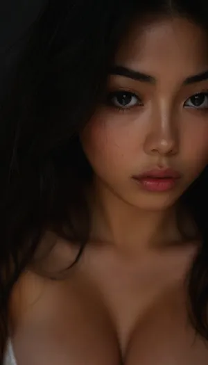 ziprealism, (sensual intimate esthetic, gorgeous Japanese woman, bashful pose, sensual eye contact:1.8), (f/2.8, shallow depth of field), (closeup shot, lips focus:1.2), (glossy black hair, dark full eyebrows:1.4), (loosely falling hair, loose hair obscuring face, loose hair hiding eye:1.8), (full lips, soft pillowed lips, moist glossy lips, natural skin texture, flawless pale skin:1.4), (huge breasts, large soft breasts:1.8), igbaddie, (dark scene, chiaroscuro, black background:1.6), <lora:style_lora_realis:.4>, <lora:igbaddie-XL:.4>, <lora:zavy-cntrst-sdxl:1.2>