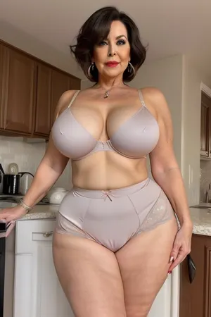 A curvy mature woman, wearing pantybriefs, <lora:pantybriefs-1:.5>, wide, hips, <lora:hips-10:.8>