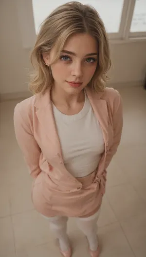 blonde woman, curvy, standing, short fluffy outerwear, short loose skirt, tight top, **white long stockings**, high heels, restaurant interior, pink pastel colors, soft lighting, **large eyes, straight hair**, full lips, cute accessories, sly smile, Cute young woman face, very big plump lips, soft facial features, big expressive blue eyes, gentle smile, pastel lighting, High angle view of a girl, gazing toward the viewer, from a taller perspective, slightly foreshortened