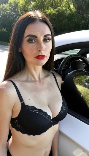Sexy mature girl, 46 years old American woman, brown long straight hair, milf, white skin, thin, natural rounded breasts, big black eyes, red lips, fake lips, bitchy, freckles on face, big black eyebrows, skin reflects sunlight, round cheeks, small nose, in the morning, hot sunny day, rhinoplasty, wearing a black lace bra with cut-out details, standing next to a luxury car, 3/4 body view