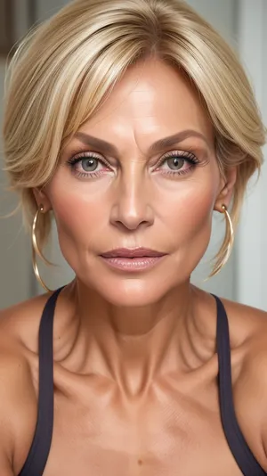 A woman, sharp chiseled northern european facial features of a beautiful mature 55 years old former supermodel woman with white-blonde hair which has a deep contrast to her very dark skin, her skin is ultraheavy dark spraytanned like a european with tons of spraytan every day but do not alter her facial or body features