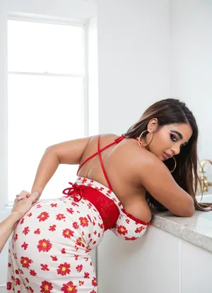 Voyuer photo In a modern minimalistic house, she’s looking away averted gaze, Bbw dusky indian, sexy sophisticated mature aunty, big hoop earings, colorful eye shadow, sexy makeup, light brown hazel eyes, (dark brown skin:1), (very big dark areolas), long black luscious hair, high detail clothes, beautiful pattern strapless boho sun dress, dress is pulled halfway up her ass, ((dress straps are down:1)), side view, her back is to us she's facing away, closeup, long lens, she’s leaning forward bending, big boobs hang down, smooshed together, (deep cleavage:1), busty round bosom, Tashruva, revealing, silver, gold, white, red, hair-tucking, hair, tucking, hand, up, adjusting-one-hand, in, own, adjusting-two-hands, adjusting, arms, hands, adjusting-from-behind, tying, from, behind, back, prvc, girl, pov, penis, <lora:milkers_v2:.8>, <lora:Tashruva-10:.9>, <lora:clothed_small:.8>, <lora:191464_training_data:.8>, <lora:prvc:.8>