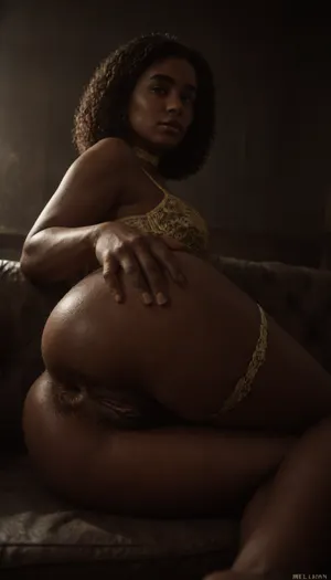 Masterpiece, high quality professional award winning photography, ass focus, 55 year-old mature african milf, (mature face:1.6), dark brown hair, short straight messy hair, wide open brown eyes, beautiful round brown eyes, thin waist, huge dark areolas, wide hips, thin thighs, (extensive very hairy pussy:1.4), (open hairy asshole:1.4), (golden lace lingerie:1.4), dark shadows, dark light, oiled skin, dimly lit, choker, very high details, seductive pose, laying on side, below view, laying on sofa, showing ass, folds under buttocks, realistic mature wrinkled skin texture, perfect hands and fingers anatomy, (melanin:1.6), zavy-ldprtrt, old, woman, man, <lora:dark:.2>, <lora:M05_Intensify:1.6>, <lora:zavy-ldprtrt-sdxl:1.4>