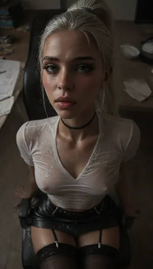 (score_7_up, score_8_up, score_9, masterpiece), ((long white ponytail:1.5)), (seductive face:1.6), (blushing), ((leather thin micro skirt)), 25yo girl, ((embarrassed pose)), (((athletic skin body))), (narrow waist:1.2), ((hip gap)), (wet white g-strings:1.4), black wide choker, ((into the office)), (oiled skin:1.4), ((black stockings with garters:2)), ((garters:1.4)), (chiaroscuro lighting:.5), erected nipples, (front view:2), (view from above:2), (((white work-shirt))), ((cum on face:1.3)), ((sitting on the chair:1.4)), (makeup:1.5), (((deepthroat:1.5))), hand, <lora:sunnyrayyxo_v1_SDXLBase:.4>, <lora:dark:.4>, <lora:HandFineTuning_XL:1>, pov_deepthrt, deepthroating, a, man's, penis, blsdp, <lora:concept_pov_dt_xl2-000020:.8>