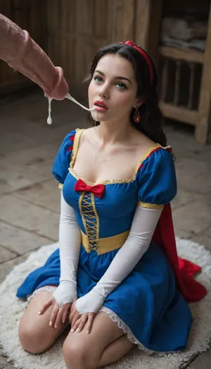 Snow White, Disney, kneeling, 7 massive equine cocks surrounding Snow White's face cumming, dripping, aerial cumshot
