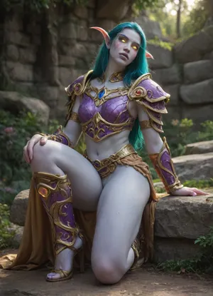 (Realistic Night elf woman, warcraft:1.1), (night elf armor, shoulder armor), huge cock, jeweled armor, (ornate lavender armor with golden trim:1.4), (sitting and stone thick wall), flagstone, (extremely long teal hair), (glowing eyes:1.45), blue eyes, (head tilt back, looking down:1.1), (ambient glow:1.2), ((long pointed ears, elongated eyebrows)), flat woman chest, (athletic physique:1.4), (pale blue skin:1.7), ((puffy lips)), (wet lips, shiny lips), (full lips:1.5), (elven face markings), dynamic pose, magical forest, at night, cool ambient lighting, dynamic lighting, huge thighs, (arched back), leather buckles, (full body:1.4)