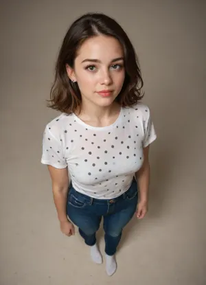 (whole body), full body, plain dark background, (clothed), sultry look, voluptuous short woman, 20 years old, wide hips, (chunky:1), tiny breasts, (viewed slightly from above), straight hair, sleek hair, thin hair, Walking toward viewer. russian, brown hair, wearing jeans, (small feet), white socks, (thick legs), loose black polka dot shirt, clothed, fair skin, fair eyes, full length, (((thoughtful))), (((clear eyes))), (((pretty))), looking into camera, mischevious smile