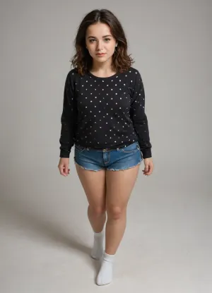 (whole body), full body, plain dark background, (clothed), sultry look, voluptuous short woman, 20 years old, wide hips, (chunky:1), tiny breasts, (viewed slightly from above), straight hair, sleek hair, thin hair, Walking toward viewer. russian, brown hair, wearing jeans, (small feet), white socks, (thick legs), loose black polka dot shirt, clothed, fair skin, fair eyes, full length, (((thoughtful))), (((clear eyes))), (((pretty))), looking into camera, mischevious smile