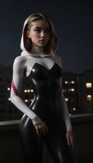 night, clear weather, (((18 years old))), (((young))), (spider girl Gwen Stacy), Braided side Side Cornrows Hair, (tight outfit), athletic body, hood on head, hip gap, (narrow waist:1.5), (blonde with pink strands), climbs to the roof of a high-rise building, New York day, ((pussy cameltoe:.6)), wet clothes, (oiled clothes:1.4), (wet tight bodysuit), hand, 1girl, medium natural breast, (high detailed face:1.5), dim lights, (hard nipples:.8), rear view, view from behind, <lora:HandFineTuning_XL:1>, <lora:MGLRbodysuit_sdxl:.6>, <lora:uberfit_lora_sdxl:.4>, <lora:dark:.3>, (chiaroscuro lighting:.3)