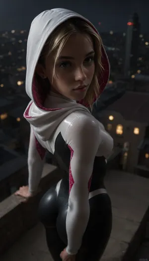night, clear weather, (((18 years old))), (((young))), (spider girl Gwen Stacy), Braided side Side Cornrows Hair, (tight outfit), athletic body, hood on head, hip gap, (narrow waist:1.3), (blonde with pink strands), (view from front and above:1.4), climbs to the roof of a high-rise building, (makeup), New York day, ((pussy cameltoe:.6)), wet clothes, (oiled skin:1.4), (wet tight bodysuit), hand, 1girl, (athletic ass), medium natural breast, (high detailed face:1.5), dim lights, (hard nipples:.8), rear view, view from behind, <lora:HandFineTuning_XL:1>, <lora:MGLRbodysuit_sdxl:.6>, <lora:uberfit_lora_sdxl:.4>, <lora:dark:.3>, (chiaroscuro lighting:.3)