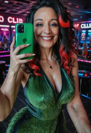happy shy face, selfie, (dark nightclub background), fully clothed, (wearing green shiny clubbing micro loose dress covering her body), gorgeous young girl, long fluffy hair with red highlights, dark blue eyes, (older woman:1.3), (36 years old woman), very slim curvy girl, Best quality, realistic, slim waist, (perky thick conical areolas), (puffy thick conical long nipples), (medium wide_set very pointy breasts), Looking at the camera, fresh face, shy look, very petite girl, very detailed, (black haired tinkerbell aged 36)