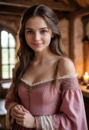 score_9, score_8_up, score_7_up, score_6_up, score_5_up, score_4_up, girl, (beautiful face, cute face, 18 years old), brunette, long straight hair, medieval dress, off shoulder, midriff, (tiny waist, flat stomach, narrow hips), 1.4, inside cozy medieval cabin, soft lighting, smiling, blush, looking at viewer