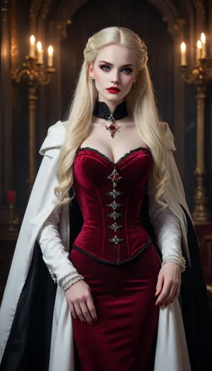 Barbie style, Regal female vampire countess, tall, (pale porcelain skin:1.4), (long blond hair), (elegant fancy updo hairstyle), ruby-red eyes, crimson lips, blood-red velvet gown with corset, black cloak, ruby jewelry, inverted silver cross, alluring yet dangerous, dark sapphic glamour, gothic, realistic, dramatic lighting., hkstyle, <lora:hkstyleV5:.8>