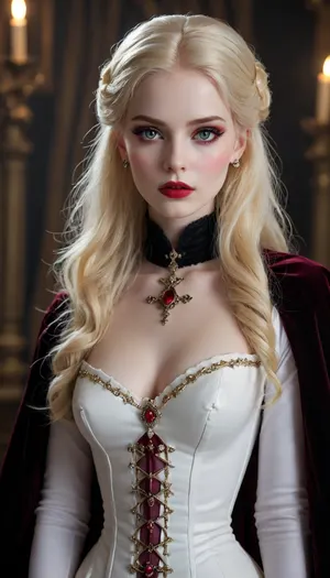 Barbie style, Regal female vampire countess, tall, (pale porcelain skin:1.4), (long blond hair), (elegant fancy updo hairstyle), ruby-red eyes, crimson lips, blood-red velvet gown with corset, black cloak, ruby jewelry, inverted silver cross, alluring yet dangerous, dark sapphic glamour, gothic, realistic, dramatic lighting., hkstyle, <lora:hkstyleV5:.8>