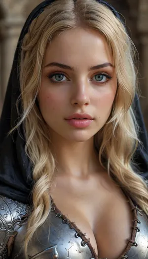 Extremely beautiful middle eastern medieval female knight, blond braided hair, (wearing Middle Eastern medieval chainmail armor and dark robe), detailed eyes, wide eyes, random view angle, action pose, realistic detailed face, realistic detailed hair, realistic detailed body, realistic detailed skin, realistic detailed natural breasts, realistic detailed hairy pussy, (High, Resolution), (More, Details), (8K), 4ng3l, face, detailxl, <lora:add-detail-xl:1.5>, <lora:style_lora_realis:.5>, <lora:checkpoint-e100_s400:1.3>, <lora:SDXL_BetterFaces-LoRA_v1:1>