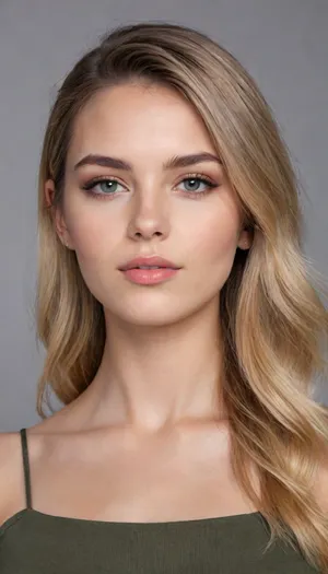 close-up portrait of a young woman, bust shot, facing the camera, neutral calm expression, photorealistic, studio setting, 2
oval face, fair smooth skin with soft pink undertone, natural texture, no heavy makeup, 2
medium-length ash blonde hair with subtle golden highlights, parted in the middle, slightly wavy, natural flow, 2
large light green-gray eyes, sharp iris detail, direct gaze into camera, 2
natural light brown/blonde eyebrows, medium thickness, gently arched, 1.5
straight proportional nose with softly rounded tip, 1.5
medium lips, natural soft pink tone, no lipstick, 1.5
thin silver hoop earrings, visible on both ears, 1
thin black strap clothing on shoulders, minimal outfit detail, 1
right hand touching hair softly near face, natural nails, 1
soft front lighting, evenly diffused, cinematic studio light, catchlight in eyes, 2
clean seamless gray background, neutral tone, shallow depth of field, sharp face focus, (2

--ar 2:3), --v 6 --q 2 --style raw --s 250
