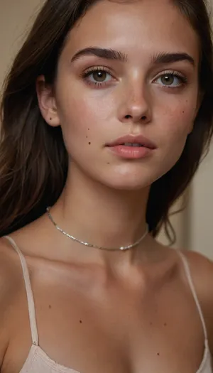 photorealistic, (underweight body), 18 year old, skinny thighs, (huge thigh gap), maximum quality, anorexic girl, extremely slutty dressed, kinky, youthfree, flat chest, no tits, slim waist, tiny hips, masterpiece, barely legal, young woman, long straight-to-soft-wavy dark brown hair, center part, sometimes wet slicked back, light to light-medium skin, warm-neutral undertone, natural dewy glow, dense freckles, across nose and cheeks, a few tiny beauty spots, almond eyes, light brown / hazel, slight outer lift, long curled lashes, full bushy dark eyebrows, low brow-to-lid distance, straight slim nose, narrow alar base, soft tip, medium-full lips, defined cupid’s bow, subtle nude-pink finish, minimal makeup, soft blush, mascara, subtle liner, silver hoops, occasional shell/pearl necklace, calm confident vibe, soft smile, gentle head tilt