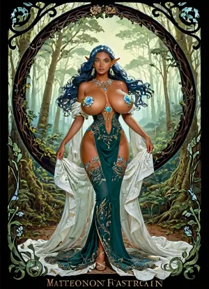 Art nouveau pencil drawing style of petite curvy Punjabi Indian forest elf with short height, short torso, short abdomen, very detailed navy blue hair, smooth high-detail dark olive magical skin, perfect hands, (inspired by Venus of Willendorf:.6), impossibly large Jupiter-sized breasts, huge gigantic gargantuan giant boobs, largest massively busty spread out and growing from her body, (barely contained and covering abdomen:1), dancing with legs closed in moonlight at night on a glowing forest art nouveau altar, (exposed and wrapped only in dense glowing vines in a glowing veil:.7), (zoom out telephoto distance shot of South Asian desi elf with gargantuan breasts covered by glowing vines:.8)