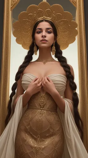 he stood as if painted by the hand of Raphael himself—elegant, luminous, and unknowably distant. At twenty-one, she had long since passed the threshold between maidenhood and womanhood, and she wore that maturity like a hidden jewel beneath layers of silk and etiquette. Her face bore the serene symmetry of nobility, a gentle oval framed by waves of raven-black hair, parted neatly in the center and coiled into braids that crowned her head like a circlet of ink spun into gold. Her skin was a soft olive tone, smooth as marble warmed by the sun, with a glow that caught the light in the hollow of her cheeks and along her slender throat. Her brows were dark and softly arched, giving her expression a natural intelligence, while her eyes—deep hazel with flecks of gold—were limpid and soulful, the kind of eyes that promised both secrets and sorrows. Her lips, full and softly defined, rested naturally in a contemplative half-smile, as if amused by thoughts no one else could hear. The gown she wore clung to her with the precision of a whispered scandal—tailored in the Florentine style, with a square neckline that revealed the upper slope of her décolletage. Her bust was full and high, accentuated not garishly but with reverence, as though the dress itself had been designed to honor her form, not reveal it. There was power in her posture—her back straight, shoulders low—yet a feminine softness lingered in every gesture, every turn of her wrist, every subtle movement beneath the weight of brocade and velvet, lots of cum, cum all over her, thick cum covers face, cum from 20 men, bukkake, bathed in cum