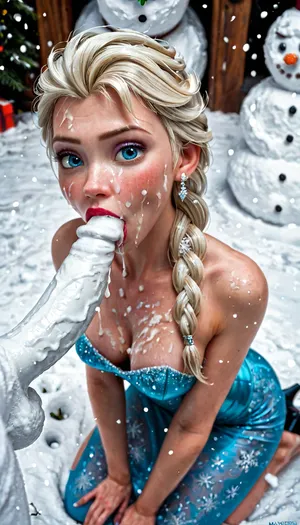 Elsa, Frozen, Disney, kneeling, snowman cock cumming, bukkake snowman blowjob