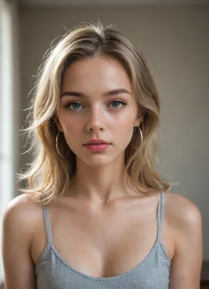 ((photorealistic close-up portrait)), young woman, bust shot, facing camera, neutral calm expression, studio setting, high detail, ultra sharp focus, 8k, DSLR style, f/2.8, 2
oval face, fair smooth skin with subtle pink undertone, natural skin texture, no makeup look, soft beauty lighting, 2
medium-length ash blonde hair with subtle golden highlights, middle part, slightly wavy, natural loose strands, 2
large light green-gray eyes, sharp iris detail, direct gaze, subtle catchlight, 2
natural eyebrows, medium thickness, gently arched, blonde/light brown, 1.5
straight proportional nose, softly rounded tip, 1.5
medium lips, natural soft pink tone, no lipstick, 1.5
thin silver hoop earrings visible, 1
thin black strap top on shoulders, minimal clothing detail, 1
right hand lightly touching hair near face, natural nails, 1
soft diffused front lighting, cinematic studio look, minimal shadows, seamless neutral gray background, shallow depth of field, bokeh, 2