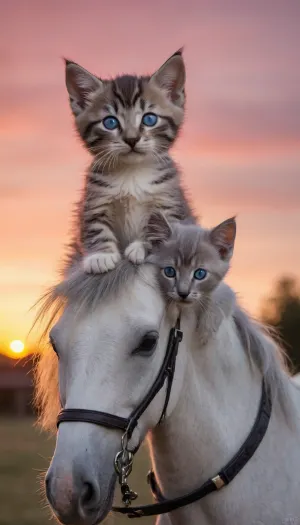 5000000010.286, Cute tiny kitten with blue eyes and gray fur sits on the head of an adult gray horse, background red sunset in the background, best friends. The picture was taken with Canon EOS R5 camera, which creates a cinematic atmosphere and provides ultra high definition image quality, atmospherically very beautiful wallpaper, high detail