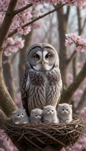 5000000010.281, Gray owl sitting on top of a nest filled with little gray kittens, picture, digital art, beautiful art uhd 4 k, avatar, mom, stick nest, sakura blossom background, profile picture, in a tree, group photo, contest winner 2021, beautiful happy family photo, happy atmosphere, high detail