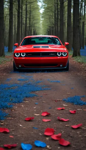 5000000010.279, Red Dodge Challenger 3 restyle 2 in blue woods, with blue petals on the ground, contrast of red and blue, shot from the front, brutal, in the style of National Geographic photography.