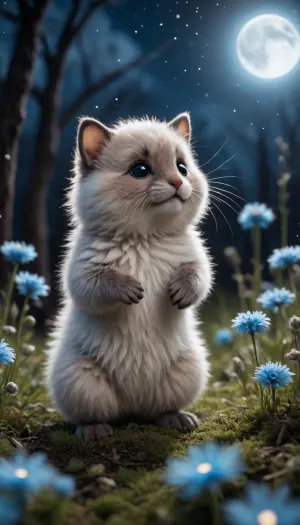 5000000010.277, subtle detail, high micro-detail, bioluminescence, cute small fluffy creature, fur, wool, down, neon little stars fly around, black flowers background, night meadow, inner glow, multi-detailed, multi-layered, full moon, blue shades, fairy tale