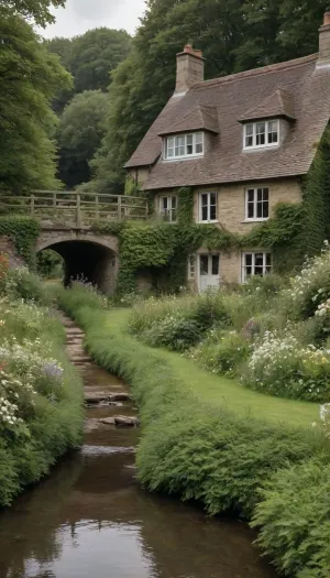 5000000010.288, A rustic stone cottage set in the lush greenery of the English countryside, surrounded by wildflowers and riverbanks. The walls of the house are covered with ivy, a small bridge with white flowers hangs over the water, and the windows offer a beautiful view of nature. A quiet stream flows past it, adding to the tranquility of the neighborhood. This picturesque landscape captures the essence of traditional British architecture, blending seamlessly into the natural environment.