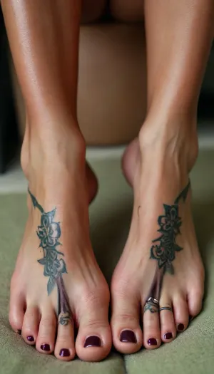 47 years old naked milf, ((foot-focus sexy feet with toe-rings, arches with foot-tattoos, stacked anklets)), spread legs pussy visible, sexy northern european, ((very dark tanned)), exotic, green nail-polish, narrow patch pubic hair, tight calves, ((long toes)), glowing skin, intimate interior trier background, but, <lora:BUT_SDXL_SHS:.8>