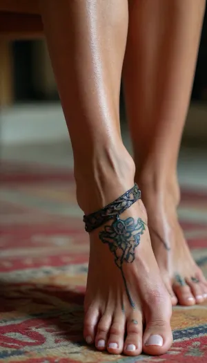 47 years old naked milf, ((foot-focus sexy feet with toe-rings, arches with foot-tattoos, stacked anklets)), spread legs pussy visible, sexy northern european, ((very dark tanned)), exotic, green nail-polish, narrow patch pubic hair, tight calves, ((long toes)), glowing skin, intimate interior trier background, but, <lora:BUT_SDXL_SHS:.8>