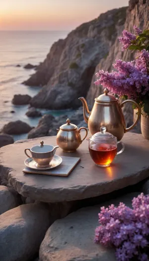 5000000010.269, Table with a cup of tea and a teapot on it, concept art, magical realism, early dawn, beautiful flowers and crystals, on a rock, magic hour photography, lilacs, magical beach, bonding rituals, beautiful glowing lights, books and flowers, stunning gorgeous composition, magical plants, beautiful sunrise lighting, with crystals on the walls, beautiful image