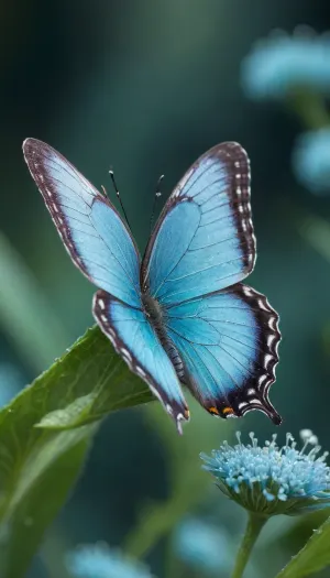 5000000010.262, Stunning photograph of an elegant turquoise butterfly with silvery wings sitting in the moonlight on dew-covered turquoise flowers. The wings are open, blending in with the leaves, master of camouflage!!!! The photo uses a focus in dark blue and gray tones, presented in high resolution. It shows hyper-realistic water droplets and beautiful details on an intricate background with exquisite detail, sharp focus and depth of field in close-up macro photography in a very realistic style with the best quality.