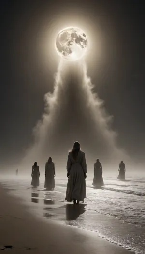 5000000010.257, Surreal Minimalism, mysterious massive ethereal poltergeist beings rise from the sands of a broad beach at night, figures made of swirling mist, waves crash in the background obscured by mist, volumetric lunar lighting, cinematic lighting, a dark and eerie scene, inexplicable fear"