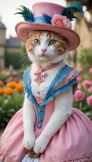 5000000010.251, orange and white kitty cat in pink dress, tumblr, renaissance, Victorian blue dress, exquisite hat with peacock feathers, detailed dress and face, ready to meet, totally outstanding image, rococo, in amazing clothes, surprised, ekaterina, mad hatter, adorable and cute, online, flower garden background, runways, cute look