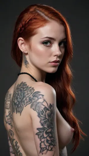 A close-up and evocative image portrays a woman with tattoos. The composition focuses on the woman's body, emphasizing her physical features and tattoos. Lighting is used strategically to highlight the textures and contours of her skin and body, creating a sensual atmosphere. The woman appears as a young adult with red hair tied in two long braids and a toned physique, covered in intricate tattoos that extend across her body. She wears black Dr. Martens boots. Her skin has a natural sheen, reflecting the studio lighting. The image is a professional photographic portrait. The lighting, pose, and attention to the model's physique suggest that it is intended for an artistic or fashion aesthetic, completely nude from behind. The medium is photography, and the technical execution is high-quality, with meticulous attention to detail and lighting. The setting is reminiscent of a dark photography studio, with soft lighting that highlights the subject's figure and creates an evocative atmosphere. The background is intentionally blurred to draw the viewer's attention to the subject. Full-length view.