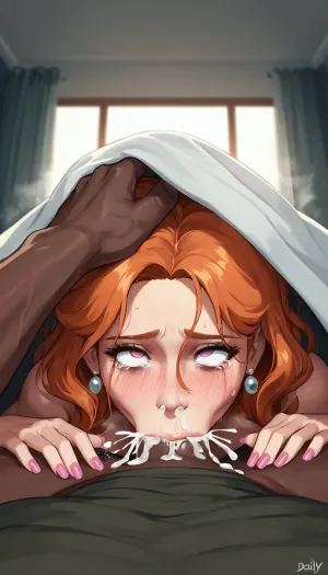 score_9, score_8_up, score_7_up, score_6_up, Ginger milf, bedroom, (deepthroat:1.2), under covers, (male pov:1.2), blushing, (caught:1.3), dimly lit, nude, drool, hand on head, shadow, musk, heavy breathing, pov, pussy, pink nails, huge cock, cum overflow, empty eyes, rolling eyes, cum squirting from nose, teary, sweaty, interracial, <lora:Khyle_XL:2>