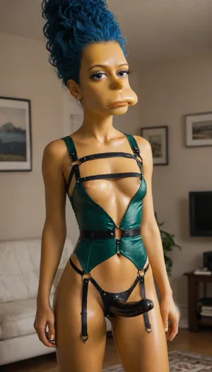 (((Marge Simpson from The Simpsons))), tall blue hair, yellow skin, wearing her green dress. She's in the living room, standing. She's wearing a giant black strap-on harness, oiled body. 1girl, marge simpson, strap-on harness, living room, (olided body:1.4), solo