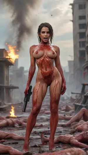 8k, dslr, highest quality, ultra detailed, masterpiece, ((PORN IMAGERY)), ((SEXY)), ((SHE IS GRINNING)), ((SHOOTING HER GUN IN THE AIR)), a helicopter exploding in the sky behind her, sexy comic graphic of a urban battlefield filled with dead bodies and carnage, a sexy athletic but voluptuous tall assassin is standing seductively with one leg confidently perched on top of a pile of dead soldier bodies and firing, a, vkrsmmg, machine, gun, weapon, muzzle flash, blood stained knife in her other hand, ((she is standing on a mound of hundreds of gory dead bodies)), dead bullet-ridden bloody bodies all over the ground, small sexy and evil smile, aiming, Explosion, Artstyle, Blood_Covered, woman, small, breasts, medium, large, spreading, legs, creampie, pussy, nude, body, closeup, <lora:Vickers_Medium_Machine_Gun_SDXL:2>, <lora:Explosion Artstyle - Trigger is Explosion Artstyle:1.8>, <lora:ThePitXL:1.9>, <lora:Blood_Covered-step00001743:1.8>, <lora:nsfw-xl-2.0:1.8>