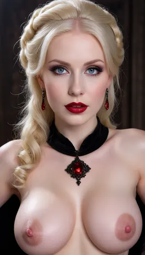 Barbie style, busty horny milf 40y.o., Regal female vampire countess, tall, (pale porcelain skin:1.4), (long blond hair), (elegant fancy updo hairstyle), beautiful eyes, crimson lips, big large areolas, velvet gown with corset, busty deeper cleavage, black cloak, ruby jewelry, inverted silver jewelry, alluring yet dangerous, dark sapphic glamour, gothic, realistic, dramatic lighting., sagging, <lora:256210_training_data:1>, <lora:sagging-000015:.4>