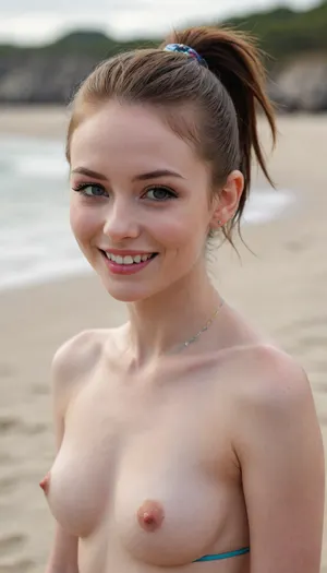 cute woman, 26 years old, pale skin, smile, invisible bikini, winged eyeliner, small tits, ponytail, beach