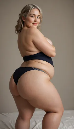 View from behind, Dynamic angle, big ass, photorealistic, best quality, (realistic), (obese milf:1), 50 years old, (caucasian milf), ((curvy)), narrow waist, hourglass figure, Long hair, Dark blonde hair with highlights, (wearing black tight satin high-waist full coverage wide granny panties:1.2), ((plump round obese belly:1.3)), (big lovehandles:1.4), (chubby thighs), ((huge muffin top belly)), (belly hanging over top of panties), (double chin), plump round fat face, very plump pubis, (plump fupa:1.3), full body shot, 1960s, strong eyebrows, realistic high quality photography, beautiful, skin pores, eyelashes, textured skin, highly realistic skin, ambient occlusion, model shoot, (plump body), but, sagging, stretch, marks, wrinkles, short, smiling, mouth open, beautiful eyes, Curvy, body, <lora:MJ52:.5>, <lora:Older_woman-000008:.5>, <lora:Older_woman_v4-000002:.5>, <lora:b8174d41-8ba7-4318-bc14-53ee7e353d91.TA_trained:.5>