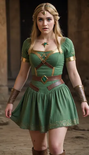 30 year old actress portraying Princess Zelda in a live-action movie, wearing a tattered dress, (dress is torn and full of holes, thick thighs, realistic skin), after a battle, emotional facial expression, photorealistic, amateur photography, behind-the-scenes photography, <lora:SaggyBreasts:.2>